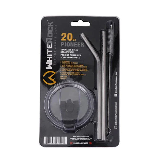 WhiteRock 20 oz Pioneer stainless steel straw pack with lid and cleaning brush in black packaging