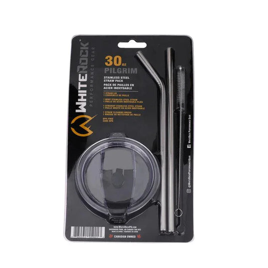 WhiteRock 30 oz Pilgrim stainless steel straw pack with lid, two straws, and cleaning brush in black packaging