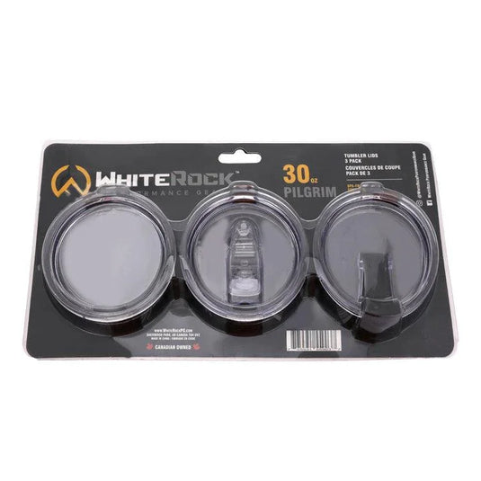 WhiteRock 30 oz Pilgrim tumbler lids 3-pack in clear plastic packaging on black card