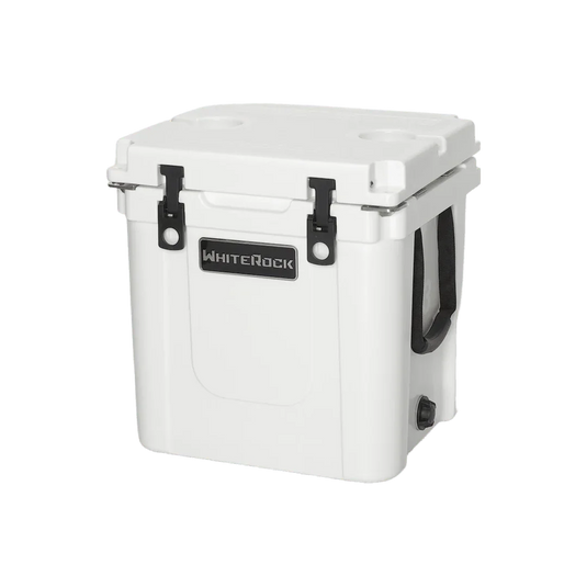 WhiteRock Arctic White heavy-duty portable cooler with black latches and side handle