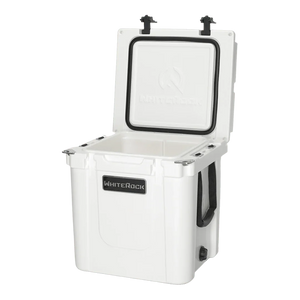 WhiteRock Arctic White heavy-duty outdoor cooler with open lid and black handles