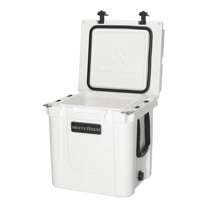 Load image into Gallery viewer, WhiteRock Arctic White heavy-duty outdoor cooler with open lid and black handles
