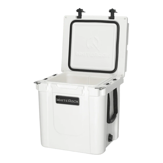 WhiteRock Arctic White heavy-duty outdoor cooler with open lid and black handles
