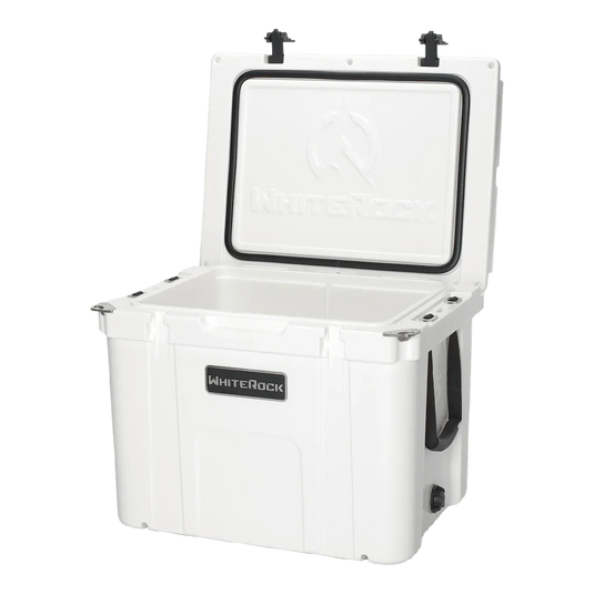 WhiteRock Arctic White heavy-duty cooler with lid open, black handles, and secure latches