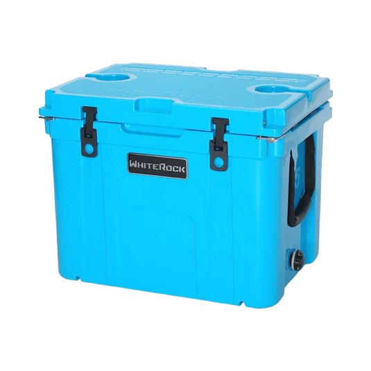 Bright blue WhiteRock hard cooler box with black latches and side handles, insulated for outdoor use