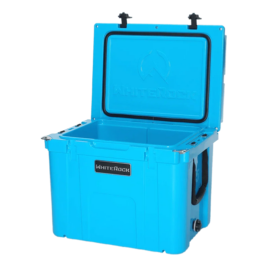 Bright blue WhiteRock heavy-duty cooler open showing spacious insulated interior with sturdy latch closures