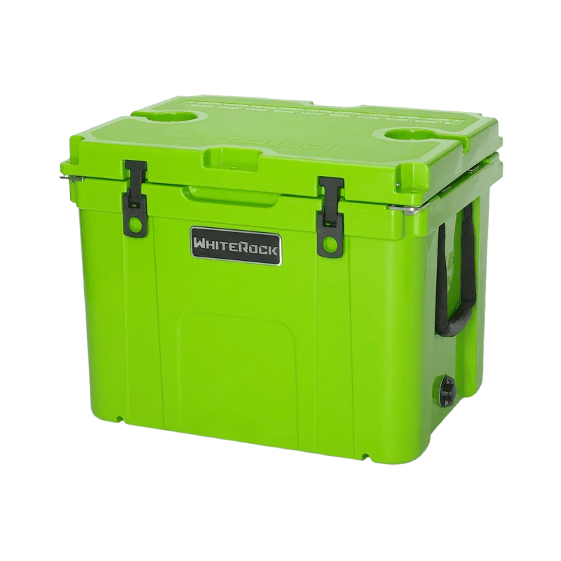 Load image into Gallery viewer, Bright lime green WhiteRock cooler box with black latches and side handles
