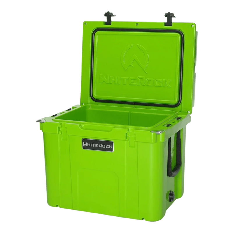 Load image into Gallery viewer, Bright green WhiteRock cooler box with open lid and sturdy handles for outdoor use
