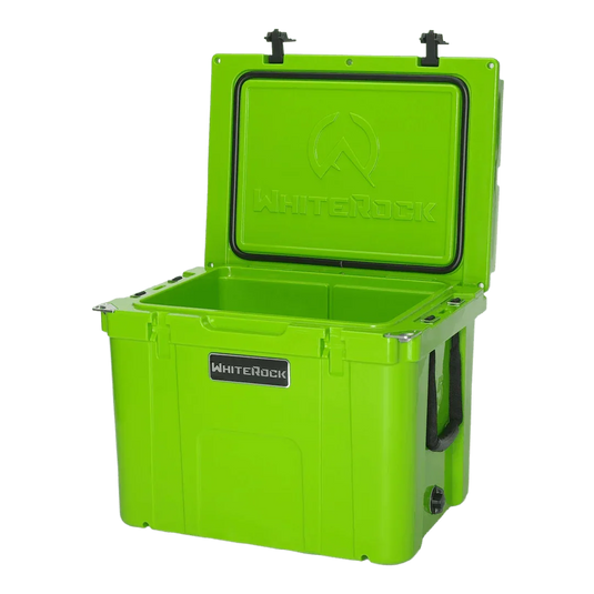 Bright green WhiteRock cooler box with open lid and sturdy handles for outdoor use