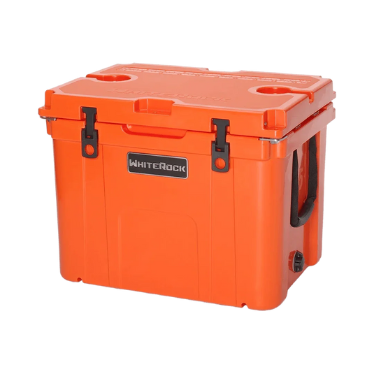 Orange WhiteRock insulated cooler box with black latch locks and side handles