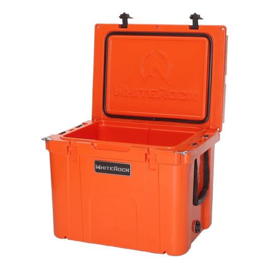 Bright orange WhiteRock heavy-duty cooler with open lid and black side handles