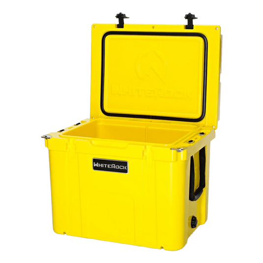 WhiteRock bright yellow heavy-duty cooler with open lid and black handles