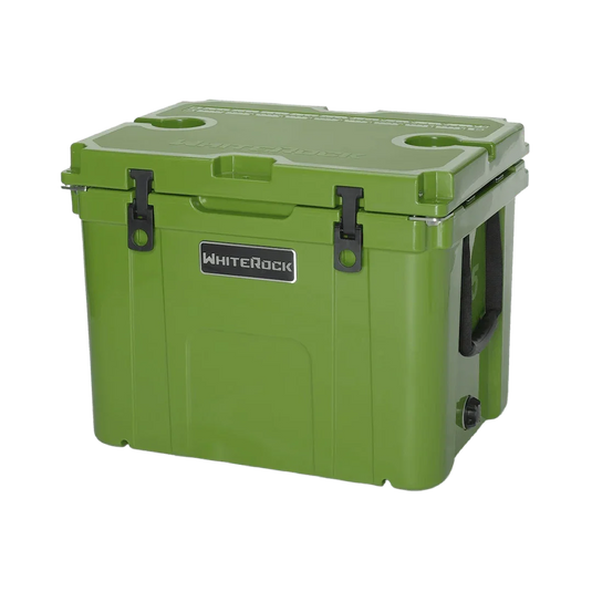 Forest green WhiteRock hard cooler box with black latches, side handles, and cup holders on lid
