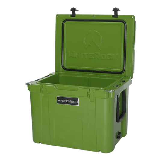 Forest green WhiteRock hard cooler box with open lid showing spacious interior and black handles