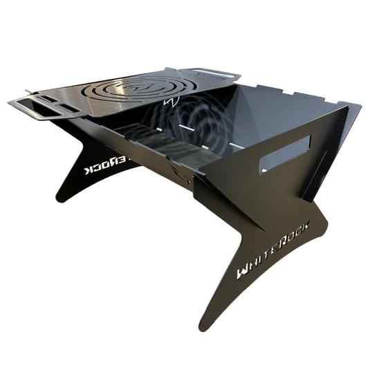 Portable black metal fire pit with detachable grill and handles, camping outdoor cooking equipment