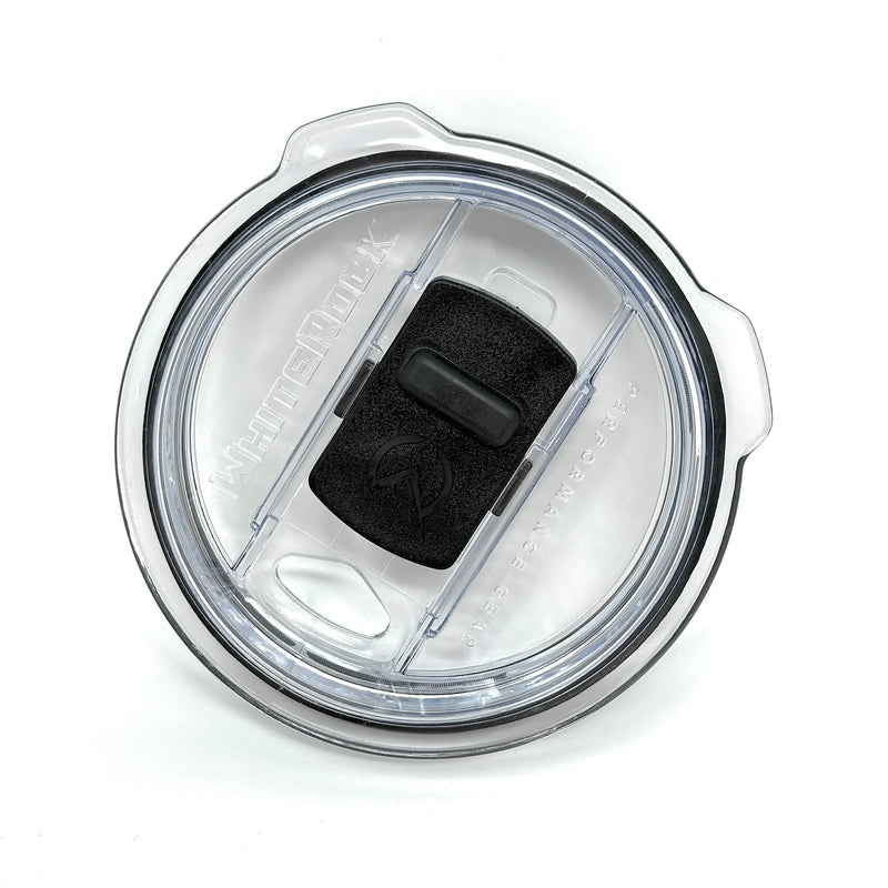 Load image into Gallery viewer, Clear whiteRock tumbler lid with black sliding closure and Performance Gear branding
