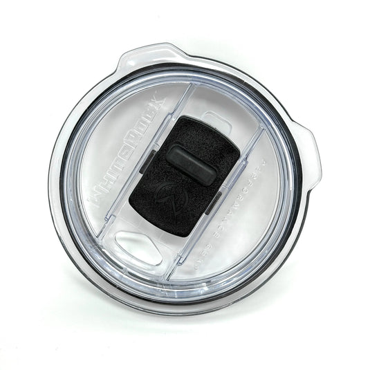 Clear Whiterock tumbler lid with black sliding closure and performance gear branding