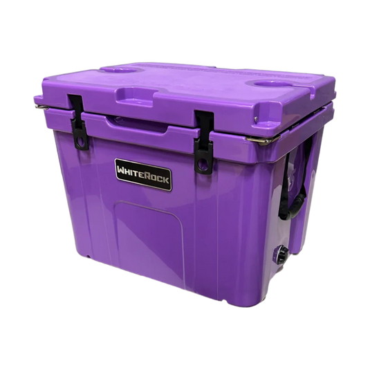 WhiteRock EXR55 durable purple cooler with black latches and side handles, portable outdoor cooler