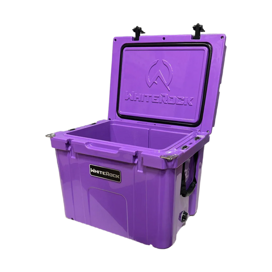 Purple WhiteRock EXR55 heavy-duty cooler with open lid, insulated chest design