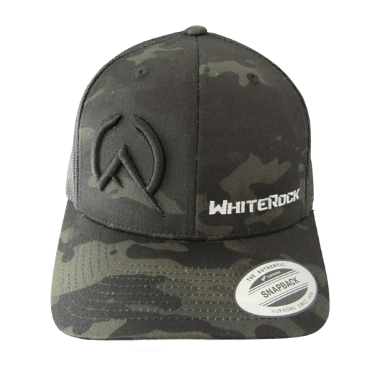Black camo White Rock mesh snapback cap with embroidered logo and adjustable back