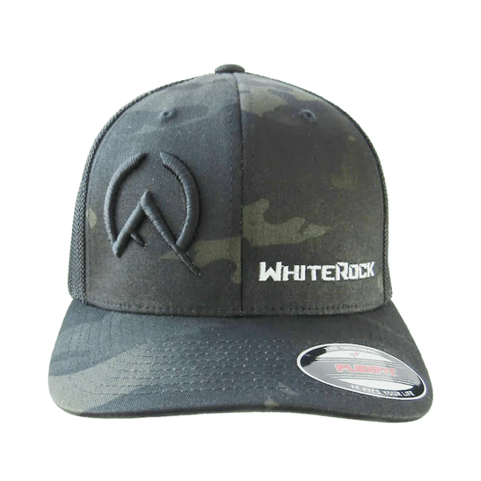 Black camo mesh flexfit cap with WhiteRock logo and embroidered emblem on front