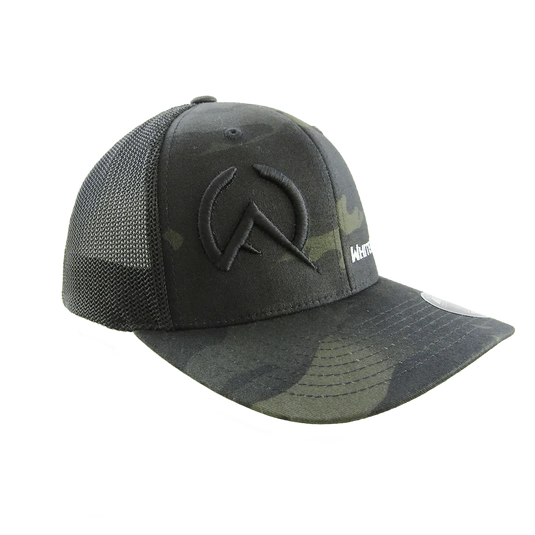 Black mesh Flexfit trucker hat with embroidered logo and camo pattern on visor and front