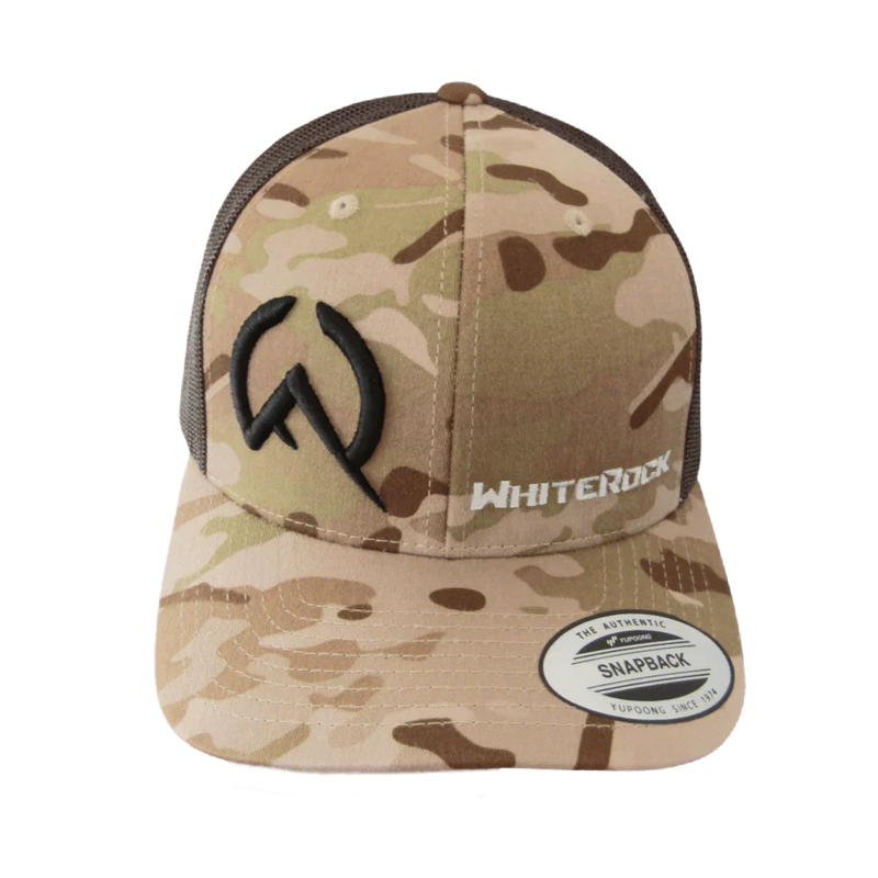 Load image into Gallery viewer, Camouflage mesh snapback cap with WhiteRock logo and embroidered black emblem
