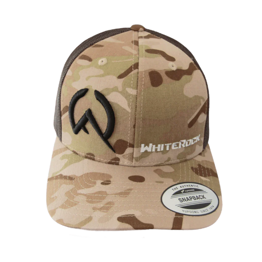 Camouflage mesh snapback cap with WhiteRock logo and embroidered black emblem