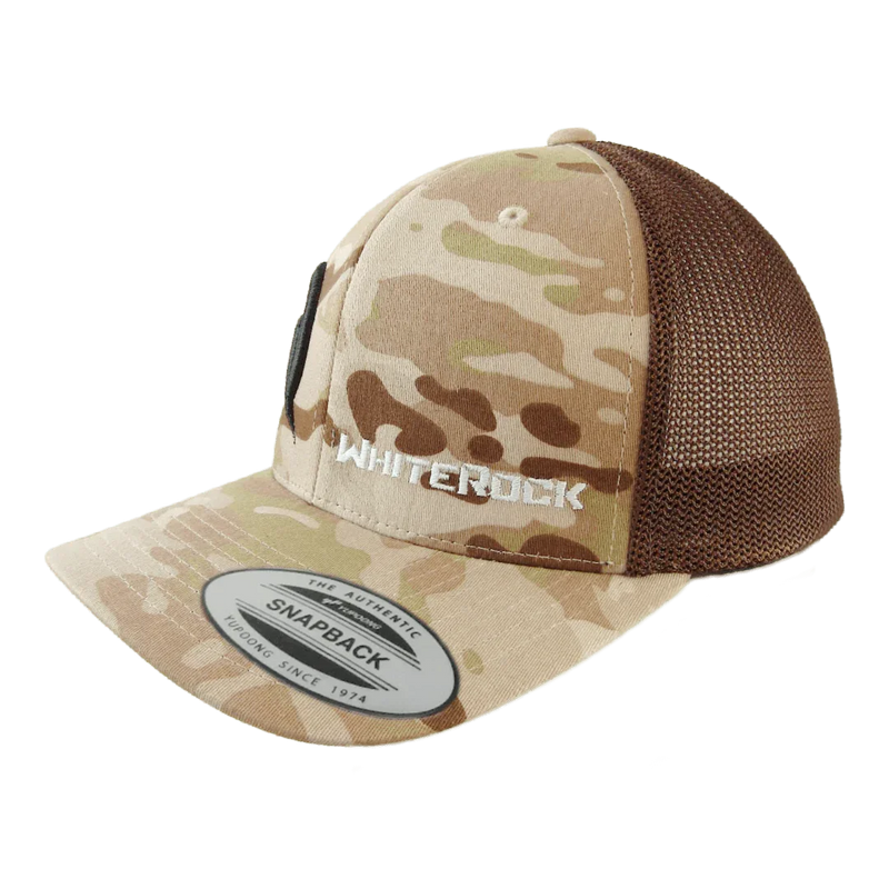 Load image into Gallery viewer, Camouflage snapback hat with brown mesh back and white embroidered Whiterock logo
