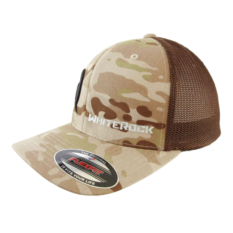 Load image into Gallery viewer, Brown and tan camouflage White Rock mesh snapback hat with Flexfit sticker on brim
