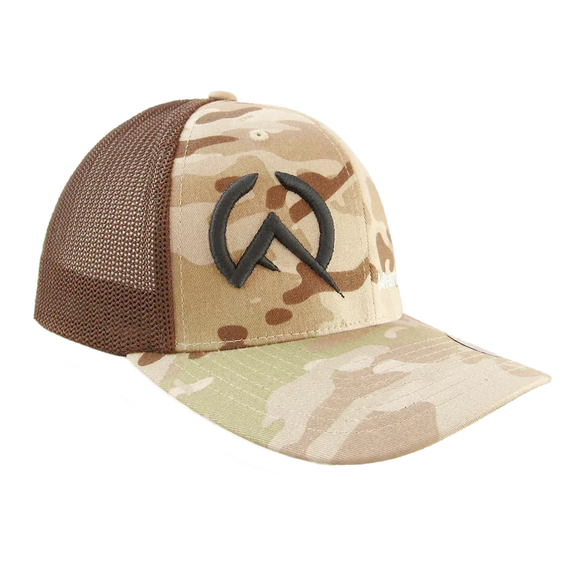 Load image into Gallery viewer, Brown and beige camo mesh snapback hat with black embroidered logo on front panel

