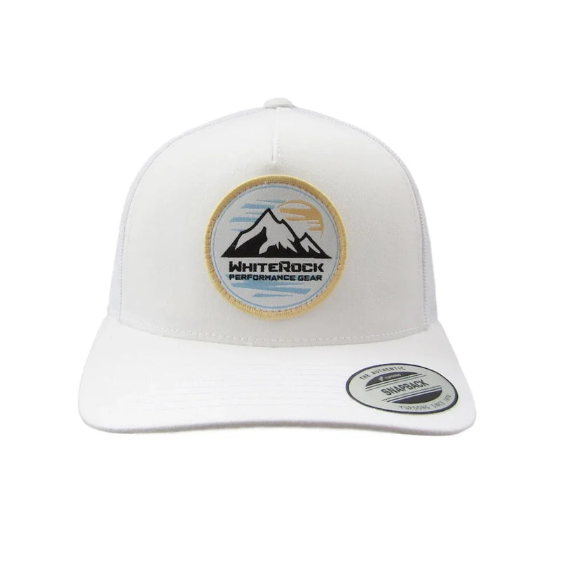 Load image into Gallery viewer, White snapback cap with WhiteRock Performance Gear logo patch featuring mountain graphic
