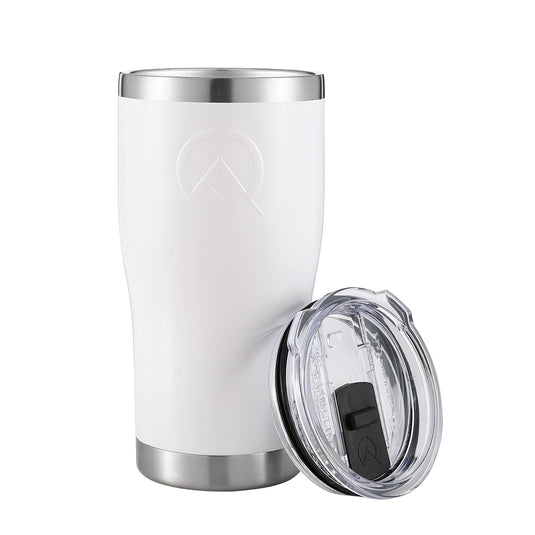 White insulated 20oz tumbler with stainless steel rim and clear plastic lid with black slider