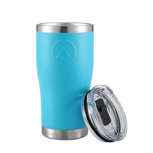 20oz stainless steel insulated tumbler in beach blue with clear plastic lid off to the side