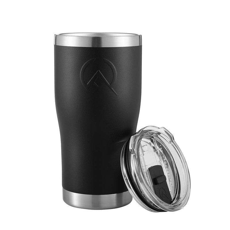 Load image into Gallery viewer, Black insulated 20oz tumbler with stainless steel rim and clear lid on white background
