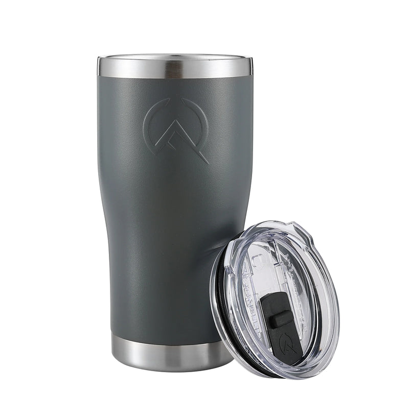 Load image into Gallery viewer, Charcoal insulated 20oz tumbler with stainless steel rim and clear slide lid
