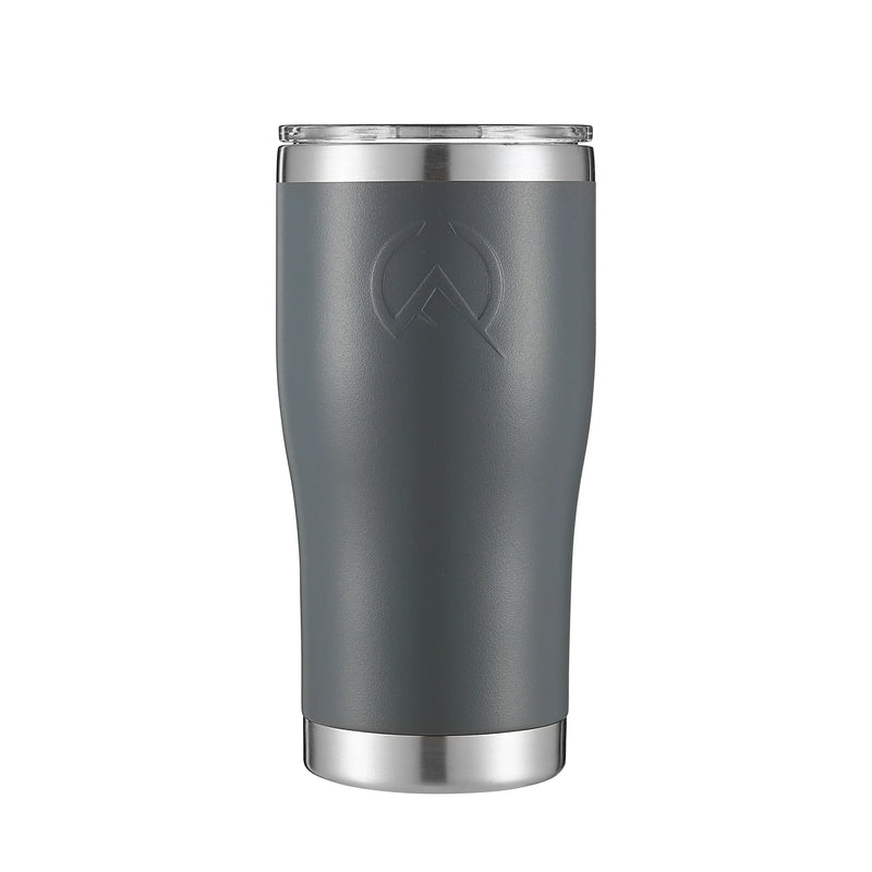 Load image into Gallery viewer, Charcoal gray insulated stainless steel tumbler with clear lid and embossed logo
