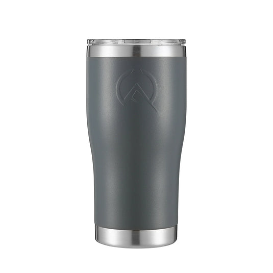 Charcoal gray insulated stainless steel tumbler with clear lid and embossed logo