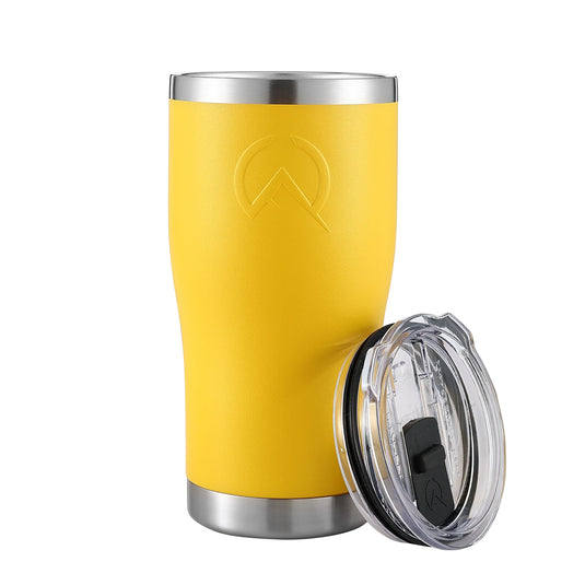 Yellow insulated 20oz tumbler with stainless steel rim and clear plastic lid on white background