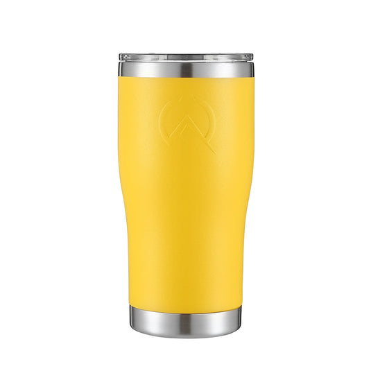 Yellow insulated stainless steel travel tumbler with clear lid and embossed logo