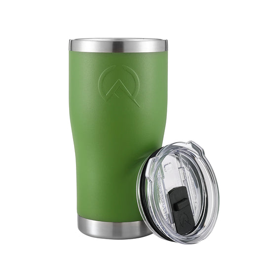 Forest green 20oz stainless steel insulated tumbler with clear slide lid on white background