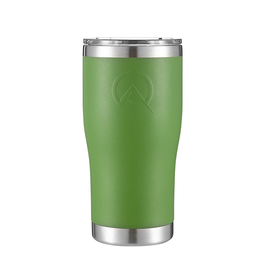 Forest green insulated stainless steel travel tumbler with silver lid and base