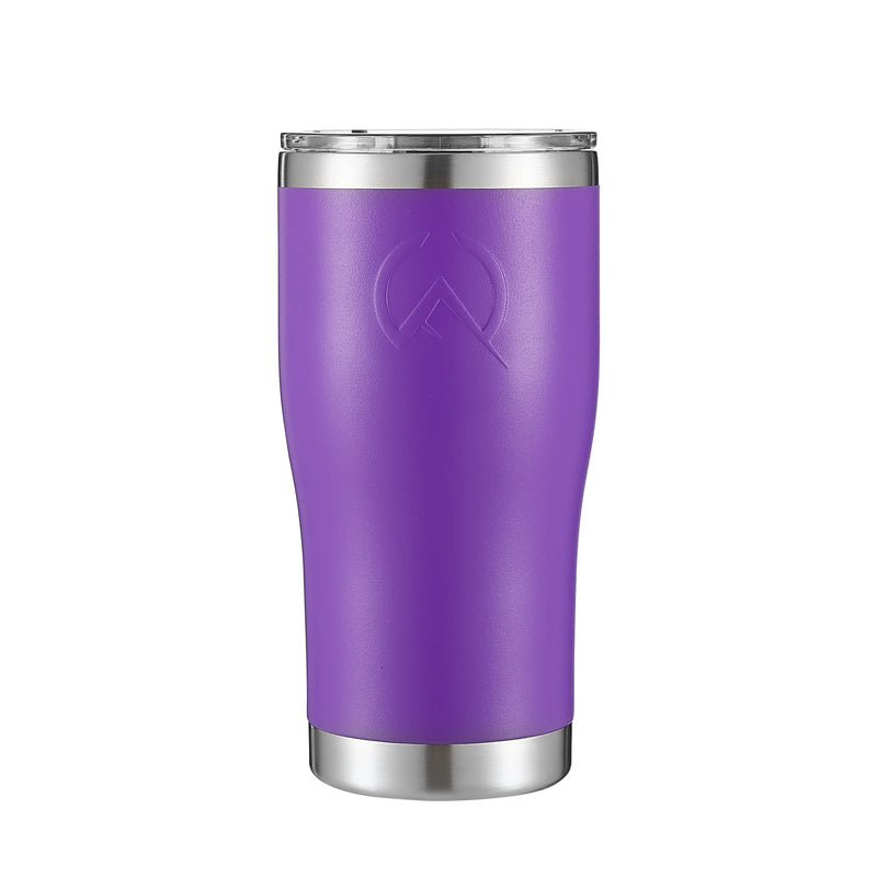 Load image into Gallery viewer, Purple insulated 20oz tumbler with silver stainless steel lid and base, embossed logo front
