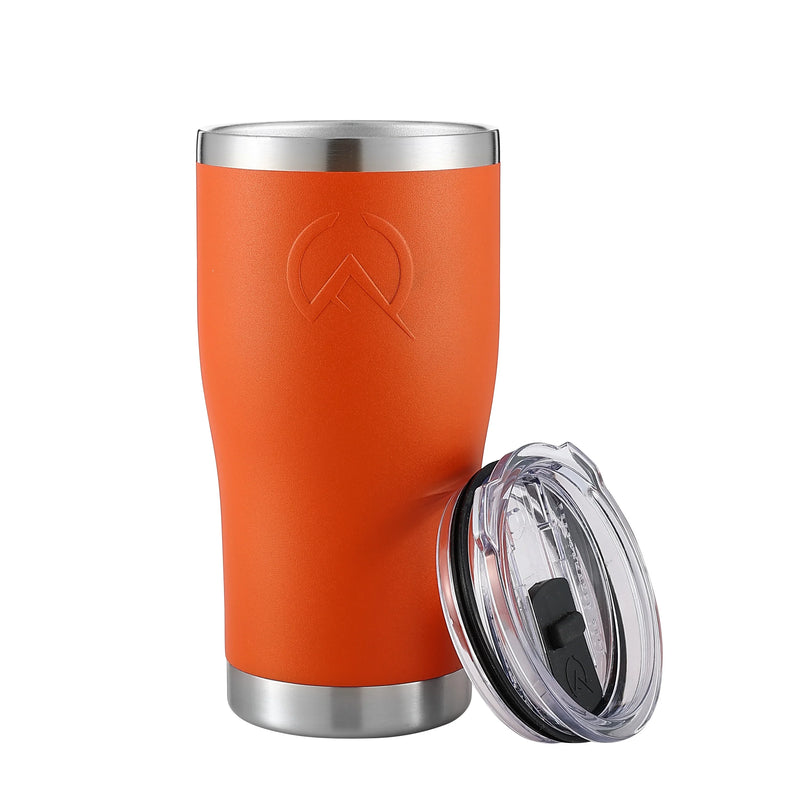 Load image into Gallery viewer, Orange insulated stainless steel travel tumbler with clear plastic lid on white background
