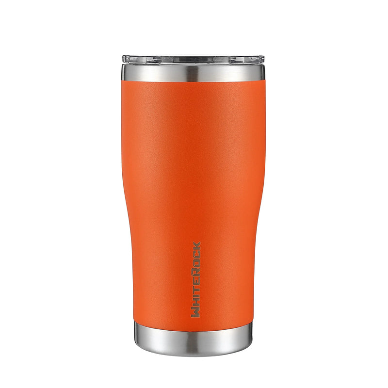 Load image into Gallery viewer, 20oz WhiteRock insulated tumbler in luminous orange with stainless steel accents and clear lid
