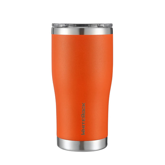 20oz WhiteRock insulated tumbler in luminous orange with stainless steel accents and clear lid