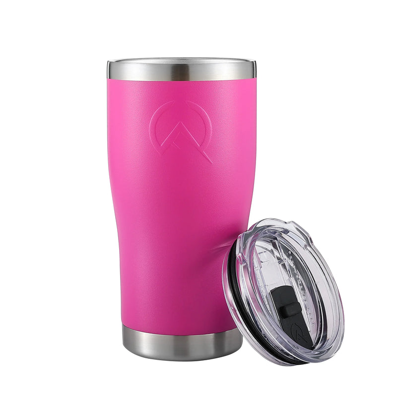 Load image into Gallery viewer, Pink insulated stainless steel 20oz tumbler with clear plastic lid on white background
