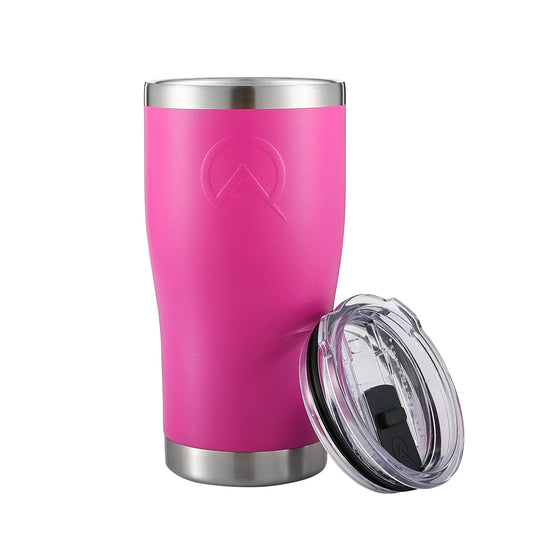 Pink insulated stainless steel 20oz tumbler with clear plastic lid on white background