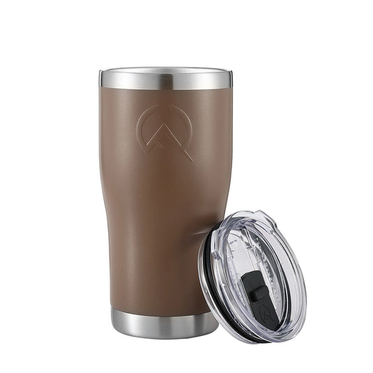 Saddle tan insulated stainless steel travel tumbler with clear plastic lid on white background