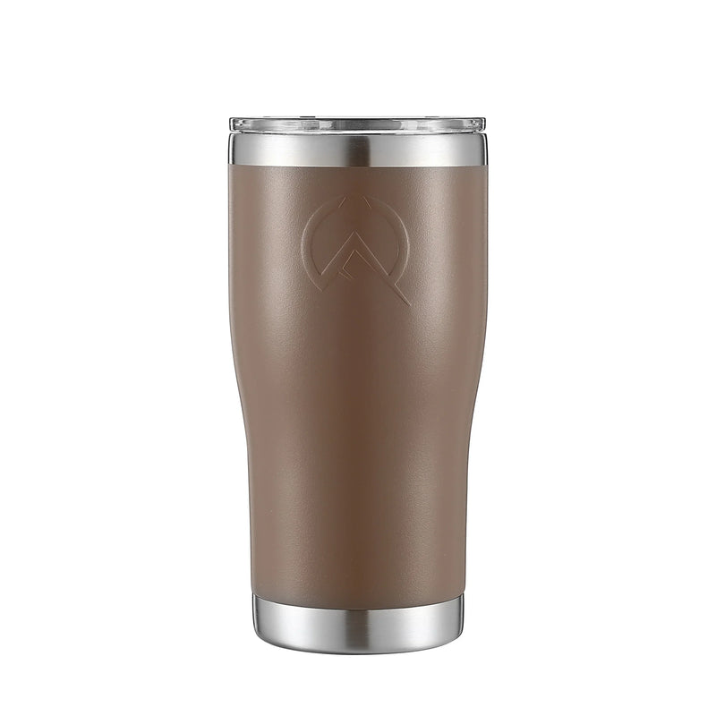Load image into Gallery viewer, 20oz insulated travel tumbler in saddle tan with stainless steel rim and embossed logo
